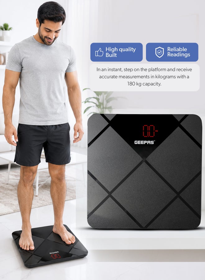 جيباس ميزان جسم رقمي جيباس مع شاشة رقمية، أقصى وزن 180 كجم، زجاج مقسى 6 مم، تصميم مضاد للانزلاق، LED شبكي أحمر، تشغيل وإيقاف تلقائي، حساس دقيق لقياس الوزن - Image 2