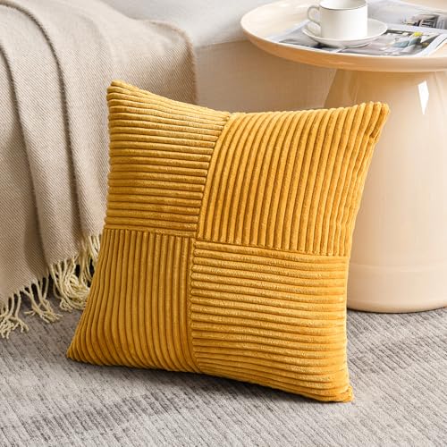 Fancy Homi 2 Packs Gold Yellow Spring Decorative Throw Pillow Covers 16x16 Inch for Couch Bed Sofa Rustic Farmhouse Boho Home Decor Soft Corss Patchwork Corduroy Textured Square Cushion Case 40x40cm - Image 3