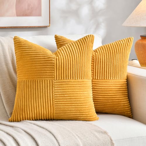 Fancy Homi 2 Packs Gold Yellow Spring Decorative Throw Pillow Covers 16x16 Inch for Couch Bed Sofa Rustic Farmhouse Boho Home Decor Soft Corss Patchwork Corduroy Textured Square Cushion Case 40x40cm - Image 1