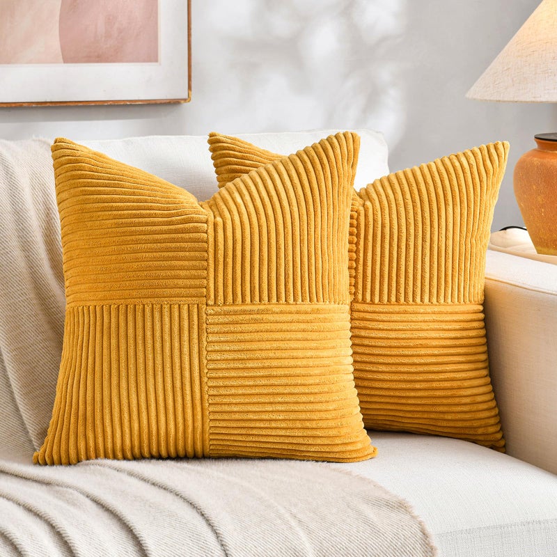 Fancy Homi 2 Packs Gold Yellow Spring Decorative Throw Pillow Covers 16x16 Inch for Couch Bed Sofa Rustic Farmhouse Boho Home Decor Soft Corss Patchwork Corduroy Textured Square Cushion Case 40x40cm - Image 2
