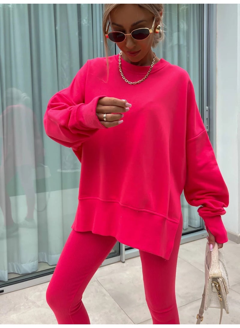 NIBEMINENT Women Sweatshirt 2 Piece Set Loose Casual Pullovers  Slit O-neck Tops Yoga Ribbed Leggings Fashion Street Outfits - Image 1