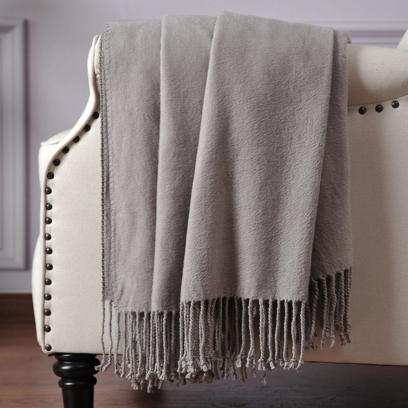 CUDDLE DREAMS Silk Throw Blanket with Hand-Knotted Fringe, Natural, Soft & Breathable (Gray) - Image 1