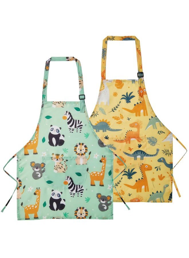 Lictin 2 Pack Kids Apron for Girls Boys Animals Aprons for Cooking, Waterproof Art Apron with Pockets for Kids Painting Cooking Baking (4-12 Years) - Image 1