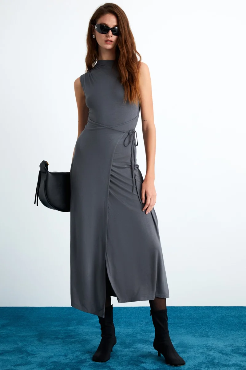 جريميلانج Meurian Women's Viscose Round Neck Slim Fit Gray Dress