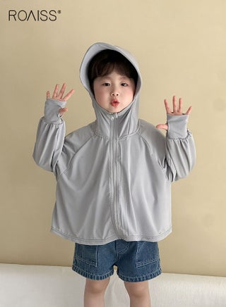 Kids Sun Protection Jacket with Thumb Holes, Breathable Athletic Hoodie with Zip Closure, Cooling Lightweight Sun-proof Clothing for Kids, Suitable for Any Outdoor Play