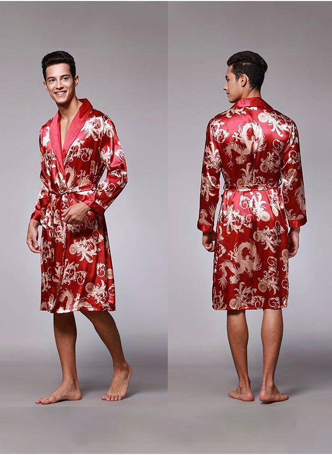 MARGOUN Bathrobe Men's XXXL Bath Robe Dressing Gown Comfortable Sleepwear Silk Lovers Long Special Style Sleeves Nightgown Dressing Gown Dragon Pattern Red  - Image 2