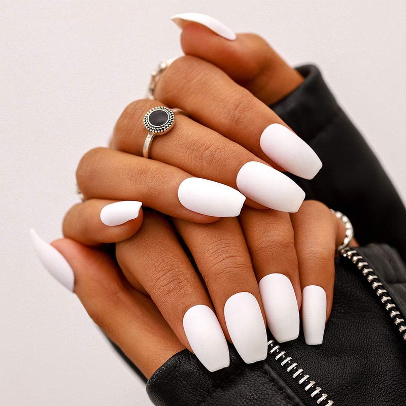 Campsis Campsis Matte Coffin False Nails White Long Press on Nails Acrylic Clips Nails Full Cover Nails Women and Girls Pack of 24