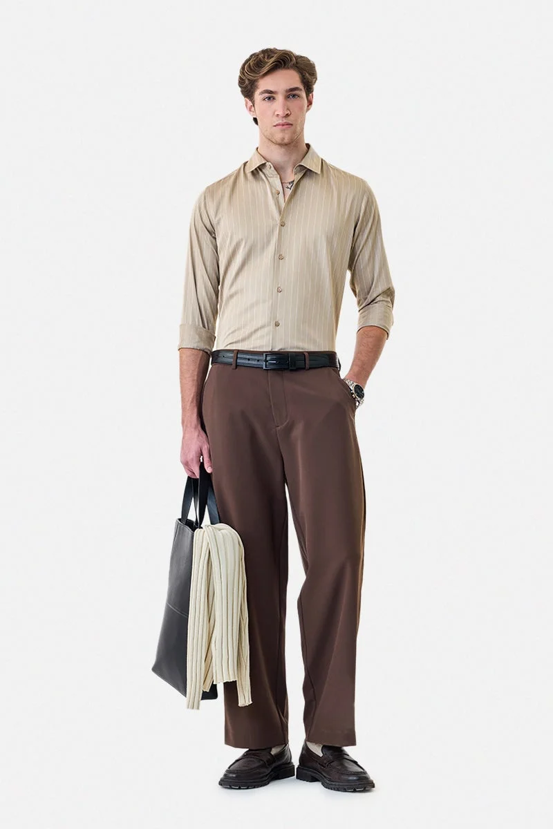 SNITCH Beige Striped Long Sleeve Slim Fit Formal Luxe Shirt