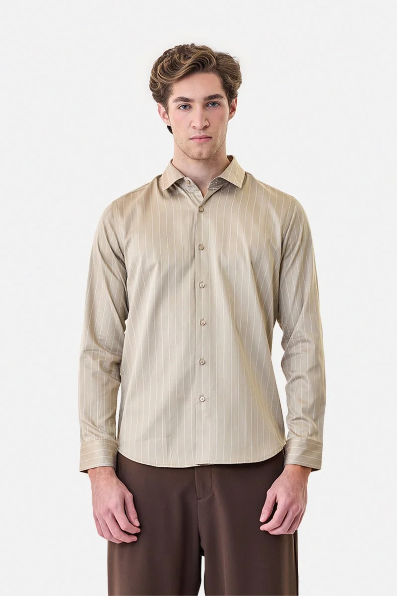 SNITCH Beige Striped Long Sleeve Slim Fit Formal Luxe Shirt