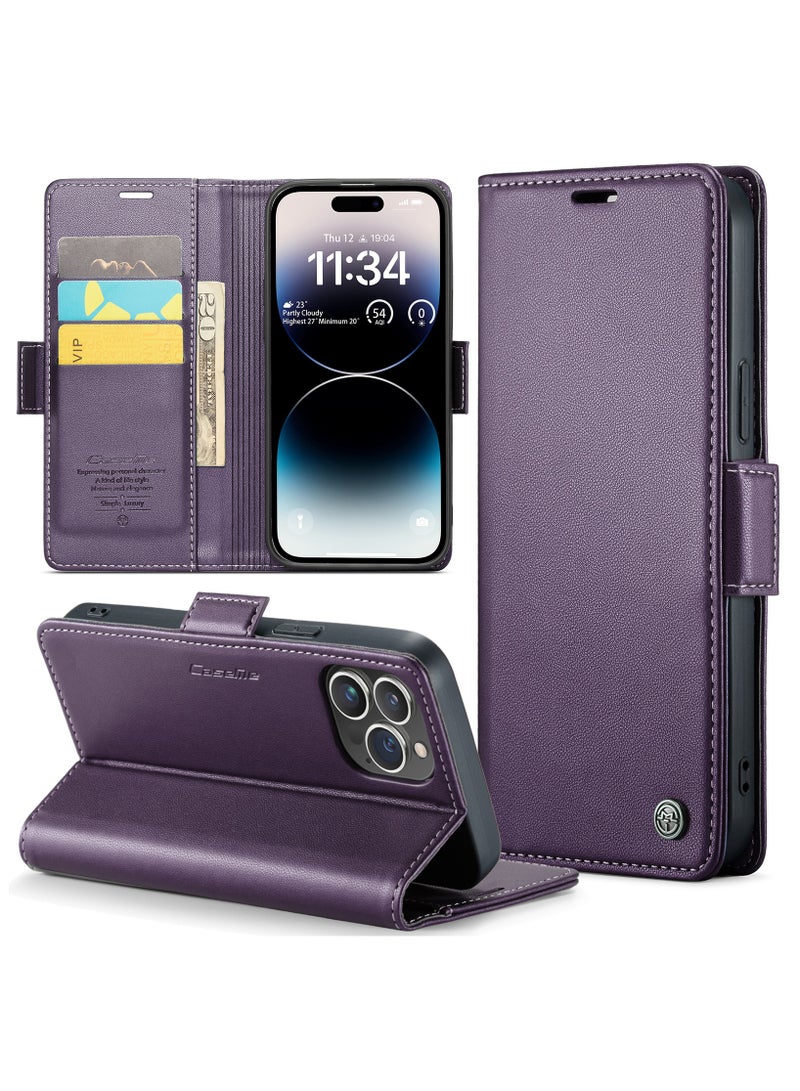 جراب هاتف لابل اي فون 15 برو ماكس المضادة للخدش الجلود مسنده فتحة للبطاقات المال جيب الأرجواني - Image 1