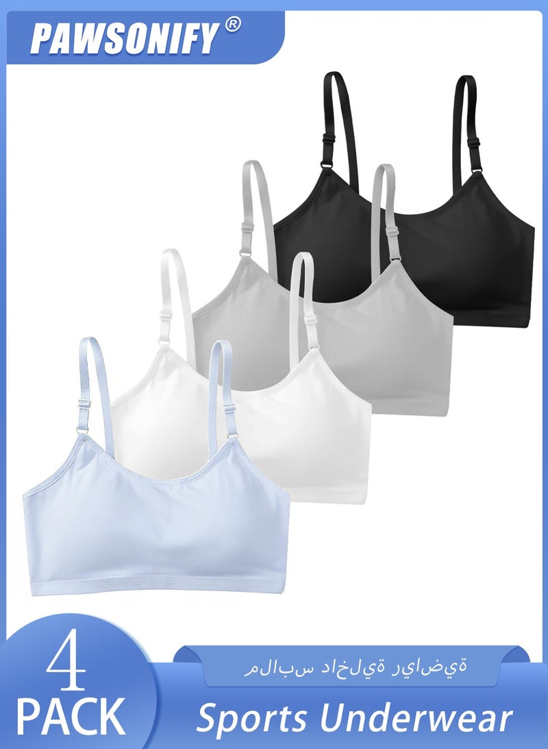 PAWSONIFY 4 Pack Sports Bras for Girls - Cotton Training Crop Bras with Fixed Bust Pads & Adjustable Straps, Teenage Girls Underwear Crop Tops for Ages 13-18, Soft Sports Training Bras - Image 1