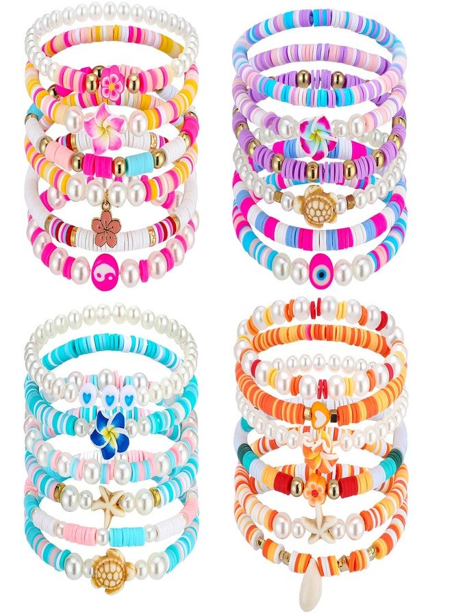 Sureio 24 Pcs Bohemia Hawaiian Plumeria Rubra Tropical Flower Friendship Bracelets for Party Favors Heishi Surfer Beaded Stretch Bracelets Y2K Pearl Bracelets Summer Beach Holiday Jewelry - Image 1