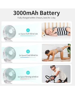 Portable Clip On Fan, Small USB Fan Battery Operated, 3 Speed Rechargeable Mini Fan With LED Display, 360° Rotate Personal Cooling Desk Fan White - view 2