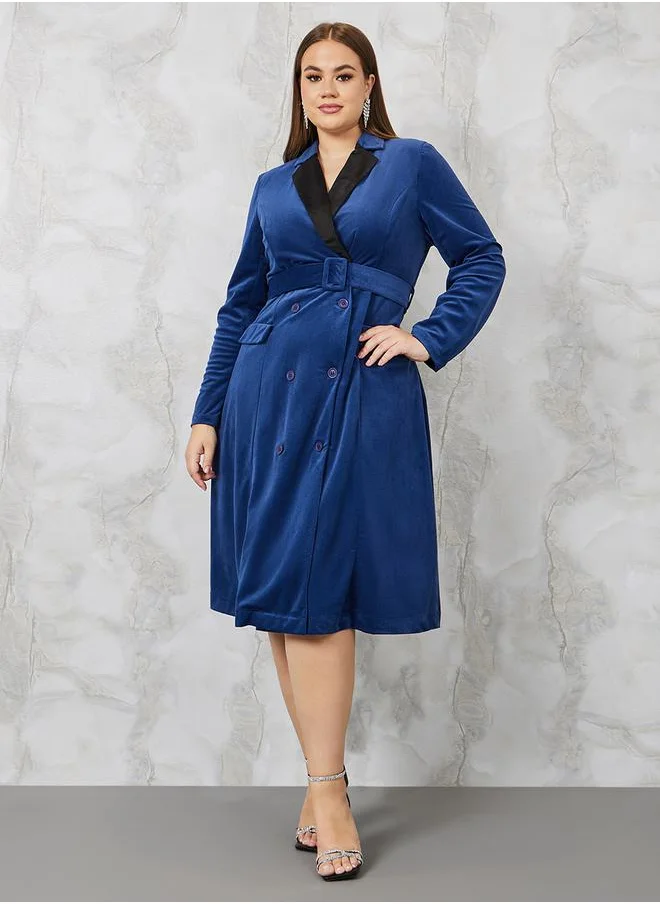 ستايلي Contrast Collar Belted Blazer Midi Dress