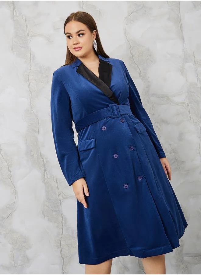 ستايلي Contrast Collar Belted Blazer Midi Dress
