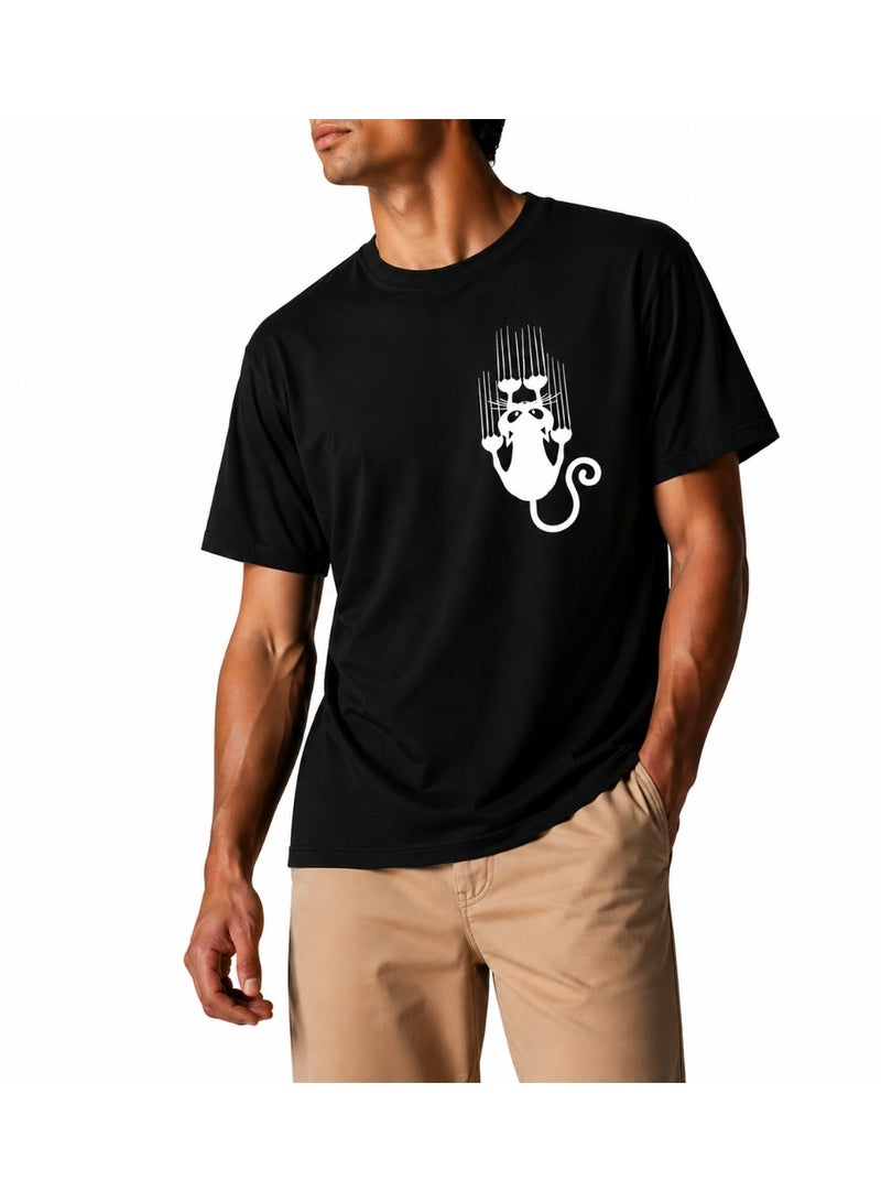 Relax Fit Cotton T-shirt with Scratching Cat Print for Men - Black - Image 1