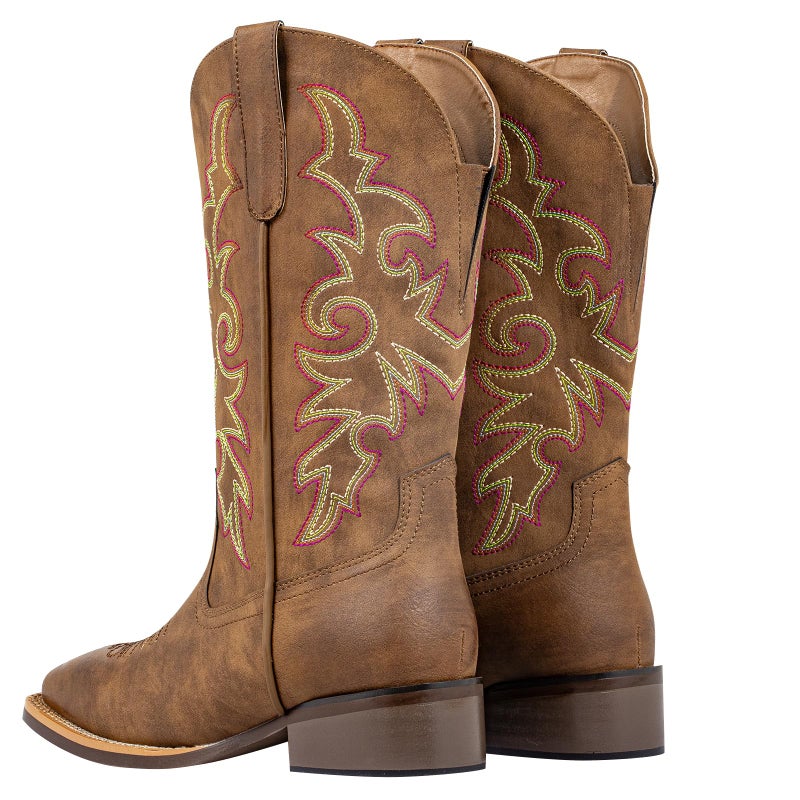 SheSole Women's Extra Wide Calf Cowboy Boots Square Toe â€“ Pull-On Western Boots for Thick Calves, Stretch Comfort & Removable Insole, Classic Western Pattern (Brown, X-Wide, 8) - Image 4