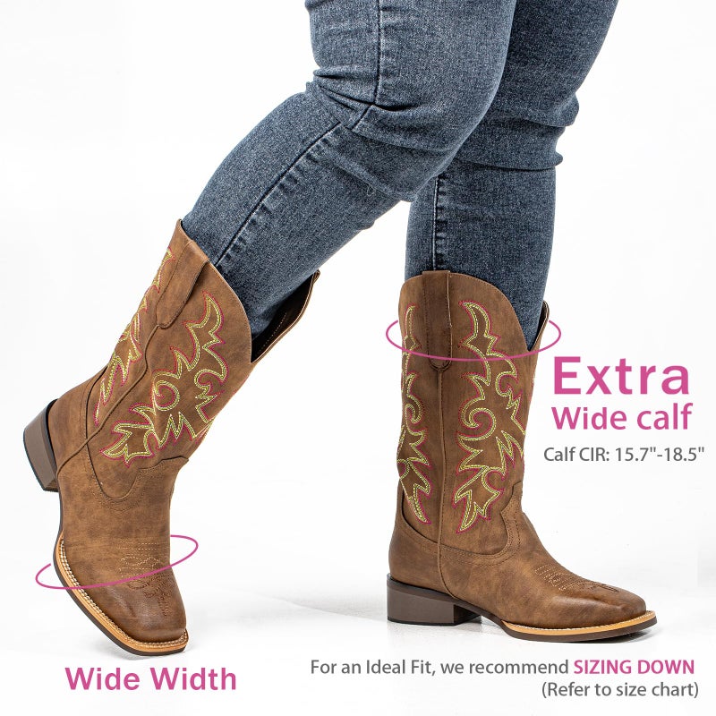 SheSole Women's Extra Wide Calf Cowboy Boots Square Toe â€“ Pull-On Western Boots for Thick Calves, Stretch Comfort & Removable Insole, Classic Western Pattern (Brown, X-Wide, 8) - Image 3