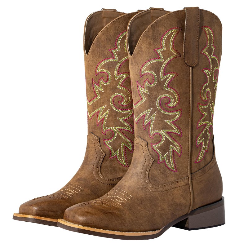 SheSole Women's Extra Wide Calf Cowboy Boots Square Toe â€“ Pull-On Western Boots for Thick Calves, Stretch Comfort & Removable Insole, Classic Western Pattern (Brown, X-Wide, 8) - Image 1