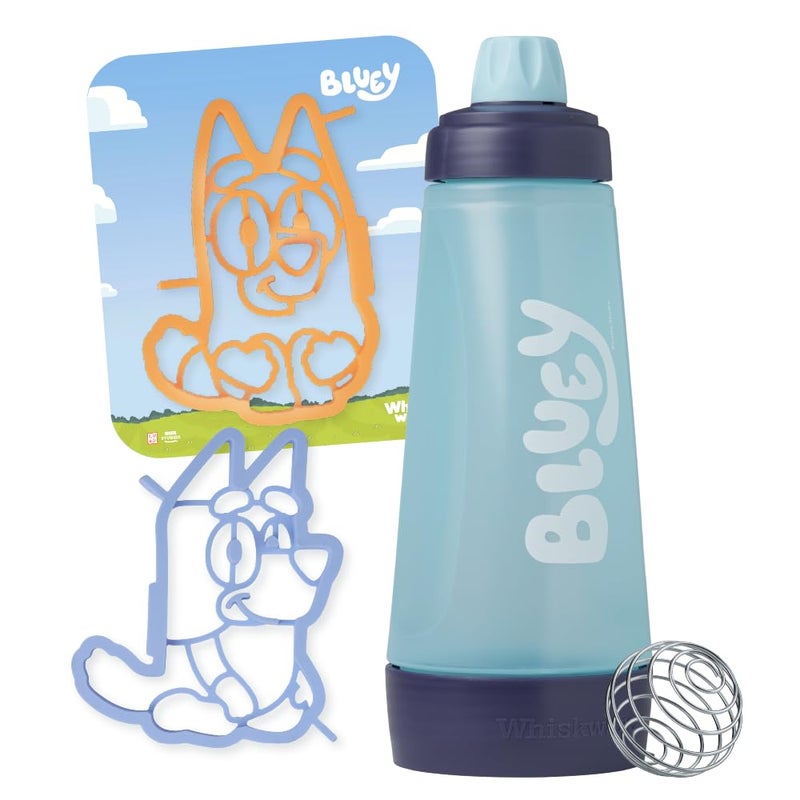 Whiskware Bluey Pancake Art Kit 1 Batter Bottle 2 Silicone Bluey and Bingo Pancake Molds and 1 BlenderBall Wire Whisk Durable NoMess Breakfast BPA Free Dishwasher Safe