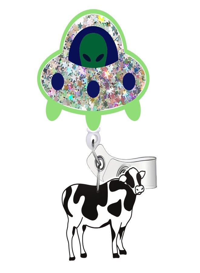 Pmeixcy Cute UFO Cow Badge - Reel Holder Retractable ID Clip for Nurse Nursing Name Tag Card Funny Accessories with Alligator for Medical Assistant,Office,Student,Work,Hospital Durable Design - Image 1