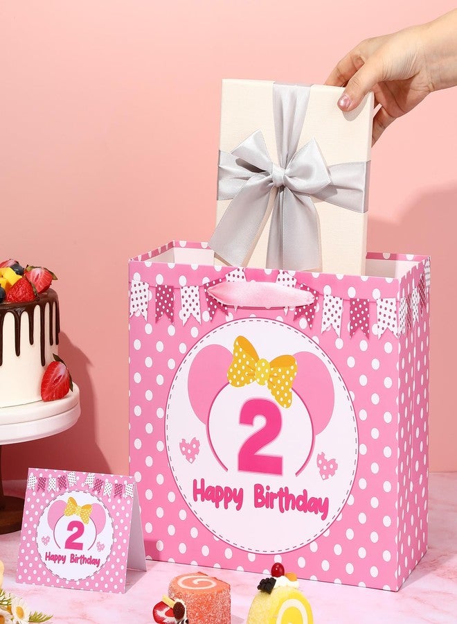 بيكونال حقيبة هدايا عيد الميلاد الثاني بتصميم فأر كرتوني، حقيبة عيد ميلاد سعيد ثانية بتصميم فأر وردي مع ورق مناديل وبطاقة، مزينة بفيونكة منقطة، حقيبة تغليف هدايا للأطفال بعمر سنتين، مناسبة لحفلات استقبال المولودة الجديدة، ديكور حفلة عيد ميلاد الأميرة الثانية - Image 4