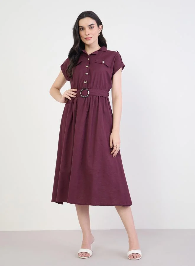 Burgundy Belted Cotton Midi Dress