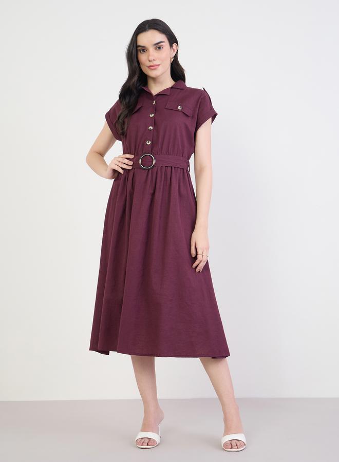 Styli Burgundy Belted Cotton Midi Dress - Image 1