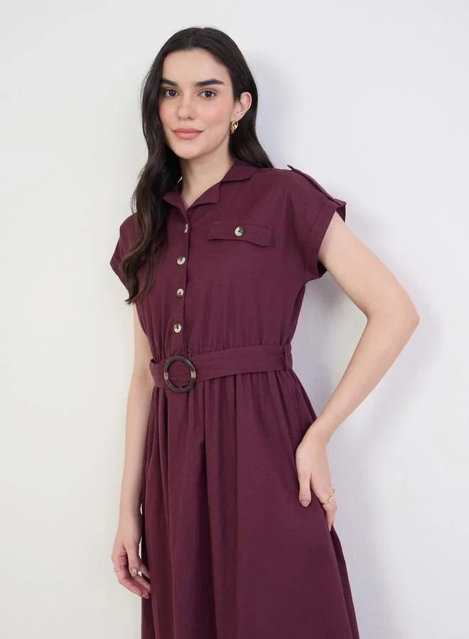 Styli burgundy Burgundy Belted Cotton Midi Dress for Women | Best Price UAE