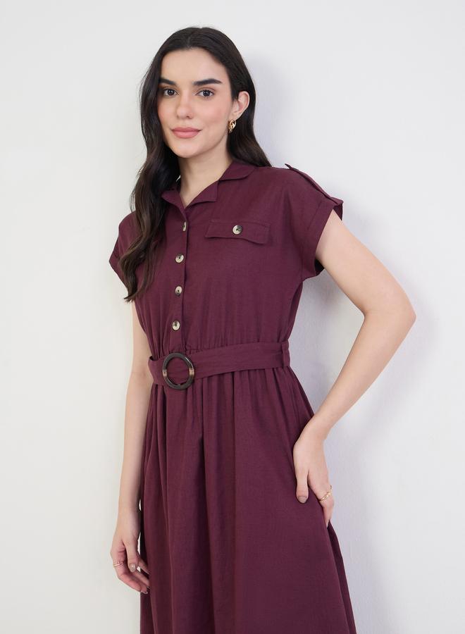 Styli Burgundy Belted Cotton Midi Dress - Image 4