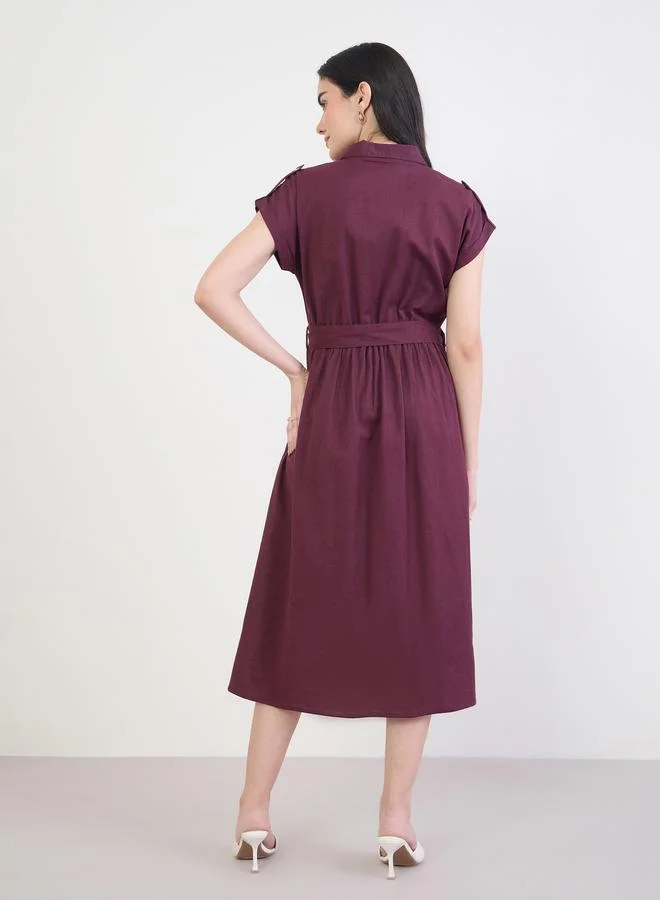 Styli burgundy Burgundy Belted Cotton Midi Dress for Women | Best Price UAE