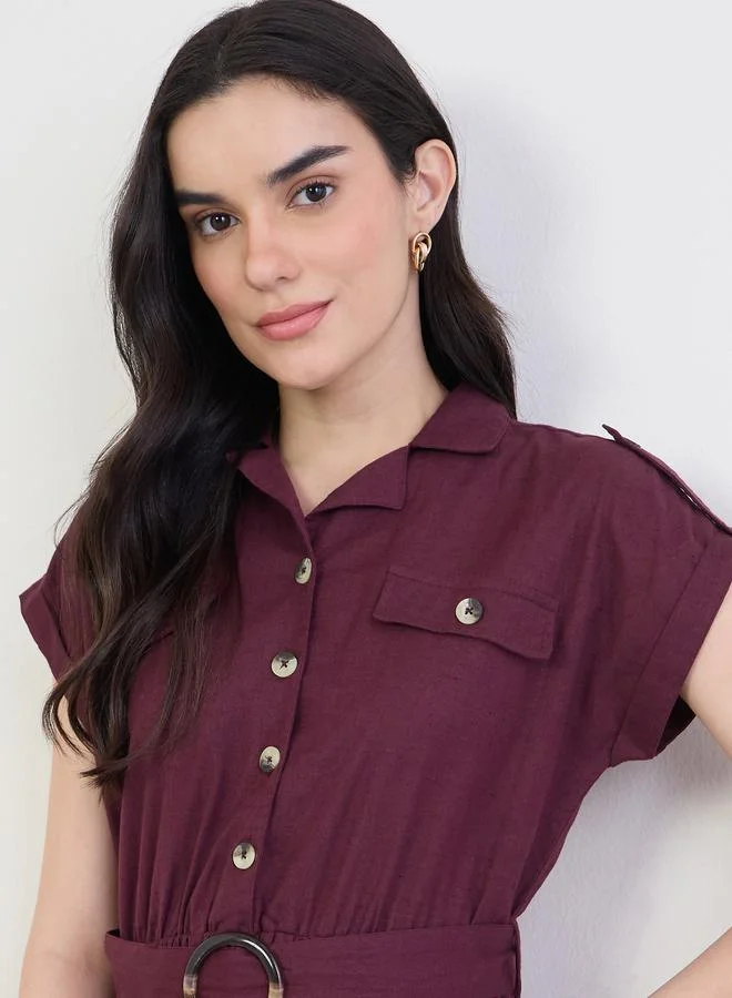 Styli burgundy Burgundy Belted Cotton Midi Dress for Women | Best Price UAE