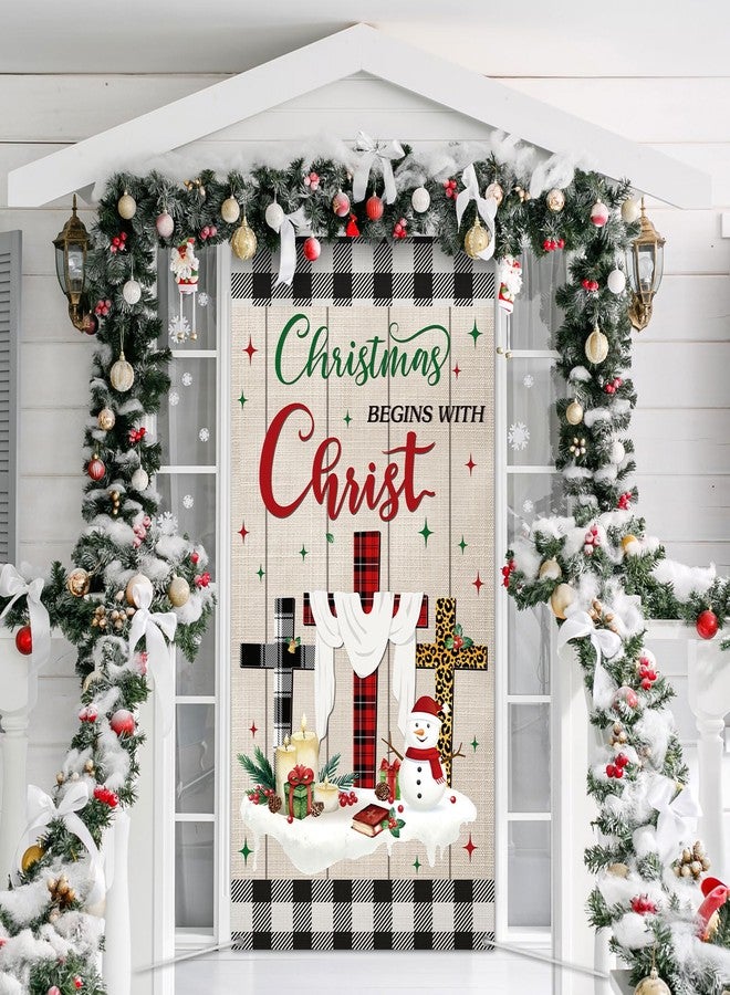 Tiamon Christmas Door Cover Religious Front Door Decorations Christmas Begins with Christ Black White Red Buffalo Plaid Cross Jesus Nativity Snowman Backdrop for Winter Holiday Party,35.4 x 70.9 Inch - Image 1