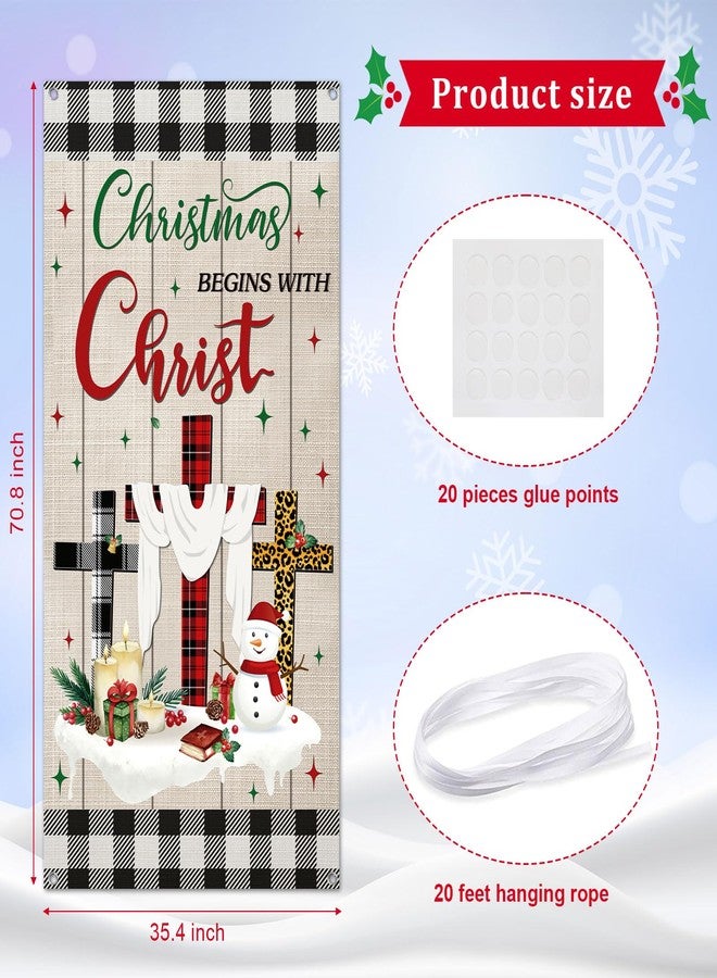 Tiamon Christmas Door Cover Religious Front Door Decorations Christmas Begins with Christ Black White Red Buffalo Plaid Cross Jesus Nativity Snowman Backdrop for Winter Holiday Party,35.4 x 70.9 Inch - Image 2