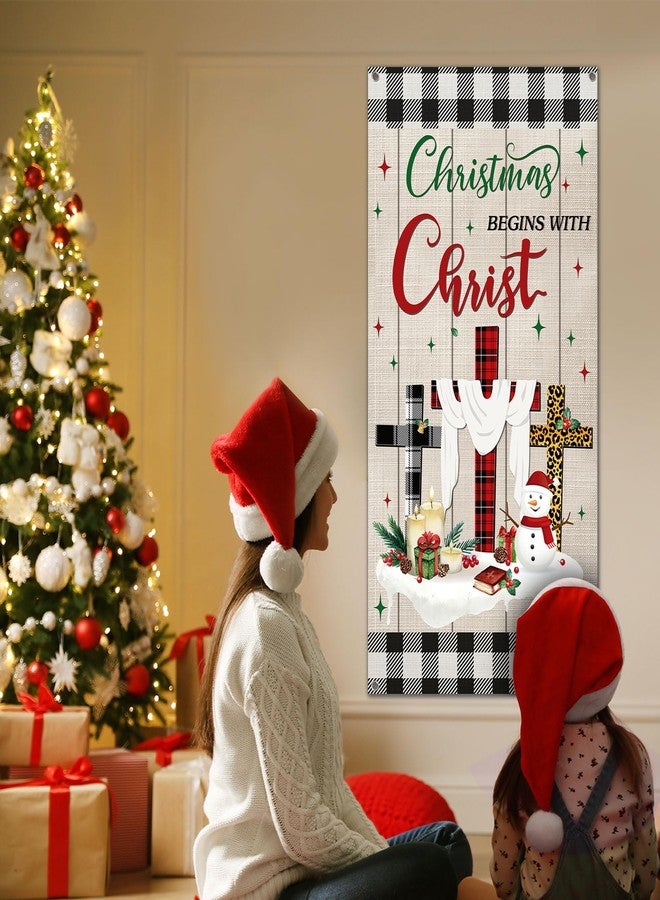 Tiamon Christmas Door Cover Religious Front Door Decorations Christmas Begins with Christ Black White Red Buffalo Plaid Cross Jesus Nativity Snowman Backdrop for Winter Holiday Party,35.4 x 70.9 Inch - Image 5