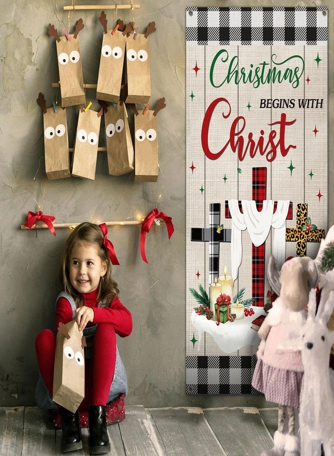 Tiamon Christmas Door Cover Religious Front Door Decorations Christmas Begins with Christ Black White Red Buffalo Plaid Cross Jesus Nativity Snowman Backdrop for Winter Holiday Party,35.4 x 70.9 Inch - Image 4