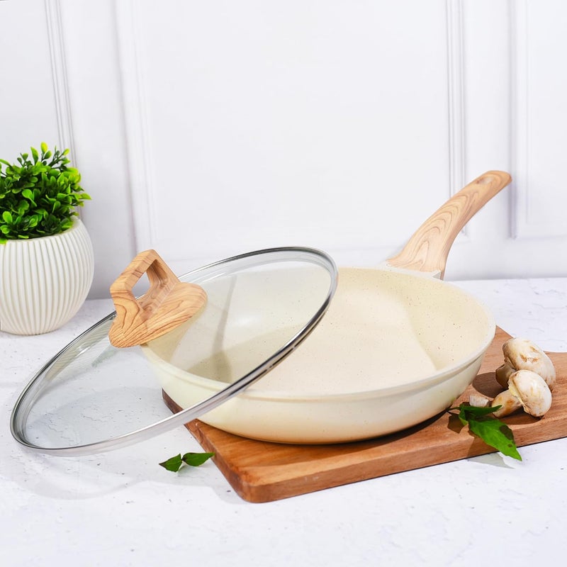 Home Essentials Non Stick Maifan Stone Frying Pan - Fry Pan with Lid & Wooden Handle/Pre Seasoned 5 Layer Maifan Medical Stone Pan/All Gas & Induction Compatible / 26CM, 2.2 Litre - Image 1