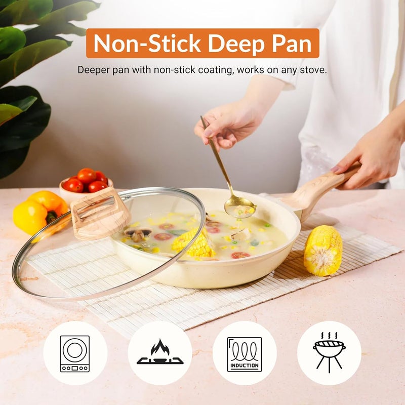 Home Essentials Non Stick Maifan Stone Frying Pan - Fry Pan with Lid & Wooden Handle/Pre Seasoned 5 Layer Maifan Medical Stone Pan/All Gas & Induction Compatible / 26CM, 2.2 Litre - Image 2
