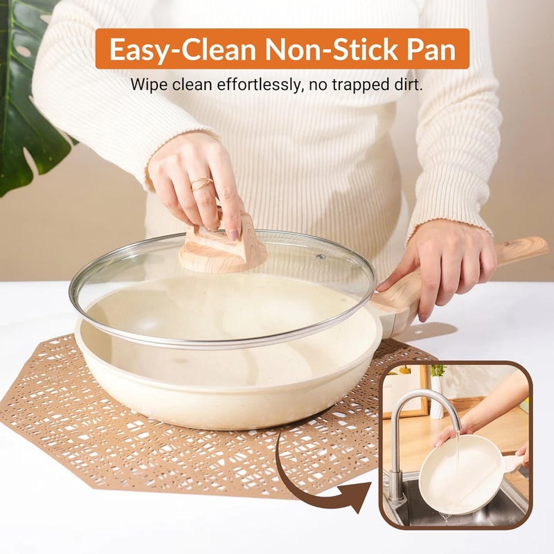 Home Essentials Non Stick Maifan Stone Frying Pan - Fry Pan with Lid & Wooden Handle/Pre Seasoned 5 Layer Maifan Medical Stone Pan/All Gas & Induction Compatible / 26CM, 2.2 Litre - Image 5