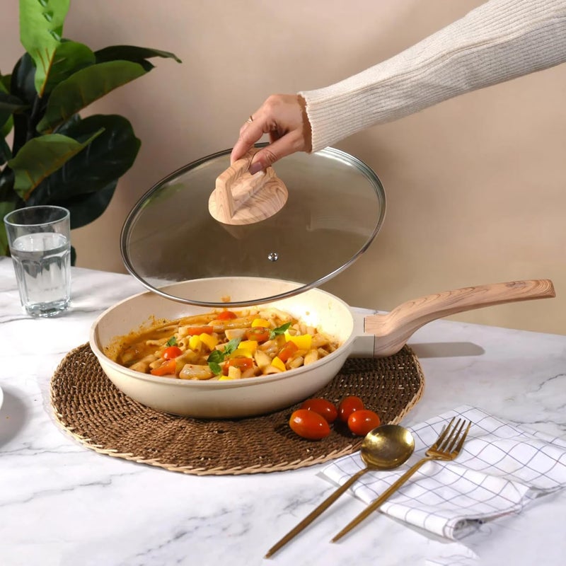 Home Essentials Non Stick Maifan Stone Frying Pan - Fry Pan with Lid & Wooden Handle/Pre Seasoned 5 Layer Maifan Medical Stone Pan/All Gas & Induction Compatible / 26CM, 2.2 Litre - Image 3