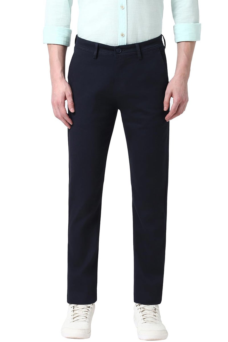 Peter England Men Navy Textured Super Slim Fit Trousers - Image 1