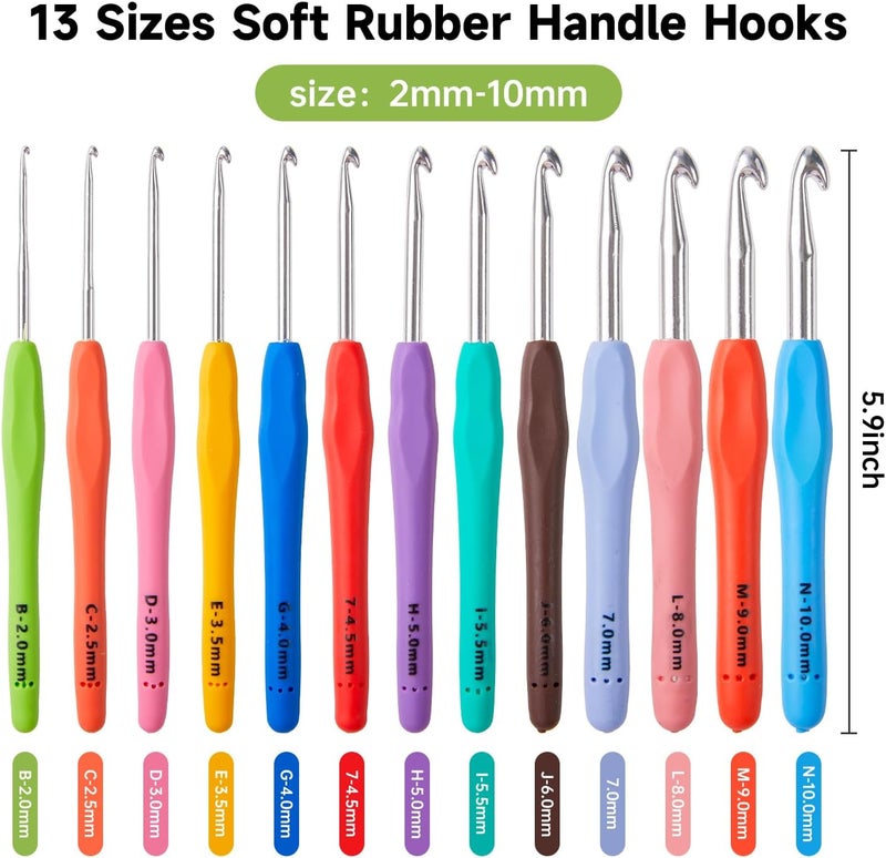 Inscraft 67 Pack Crochet Hooks Set, 13 PCS 2mm(B)-10mm(N) Ergonomic Soft Grip Crochet Handles Yarn Knitting Needles Kit with Case for Arthritic Hand, Crochet Starter Kit for Beginners and Lovers - Image 2