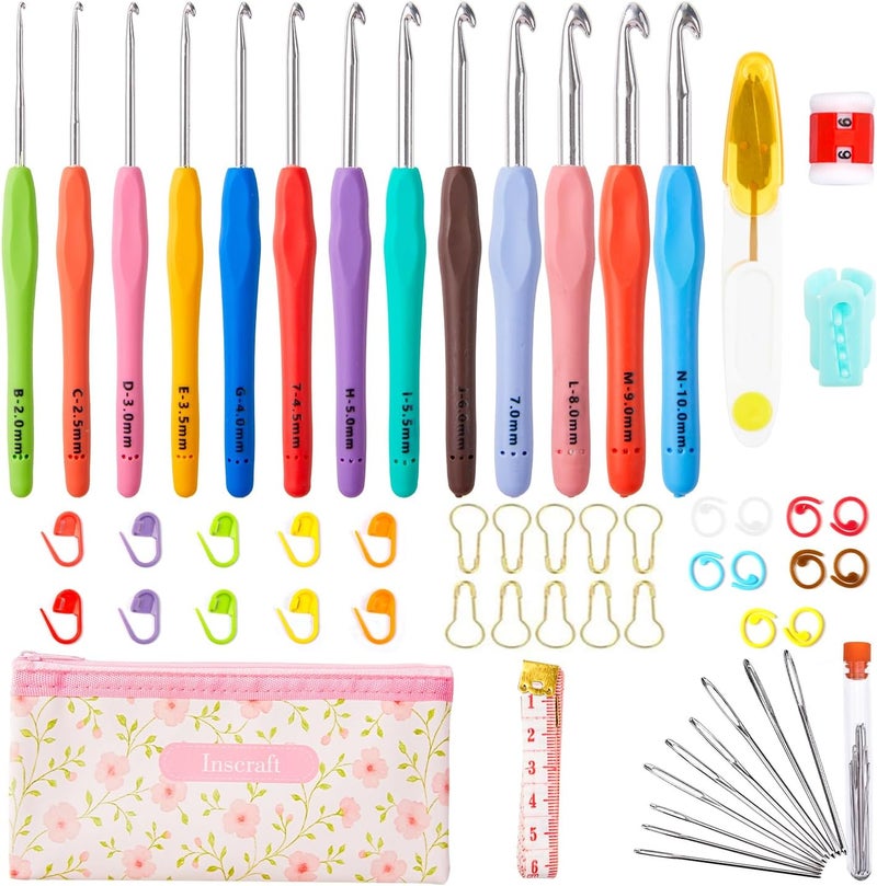 Inscraft 67 Pack Crochet Hooks Set, 13 PCS 2mm(B)-10mm(N) Ergonomic Soft Grip Crochet Handles Yarn Knitting Needles Kit with Case for Arthritic Hand, Crochet Starter Kit for Beginners and Lovers - Image 1