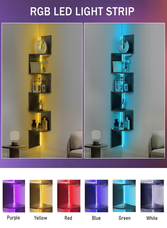 Outink 5 Tiers Corner Shelf with RGB LED Lights, 49.2" Wall Mount Floating Corner Display Shelf for Living Room Bedroom Home Office Decor, APP & Remote Control (Black) - Image 2