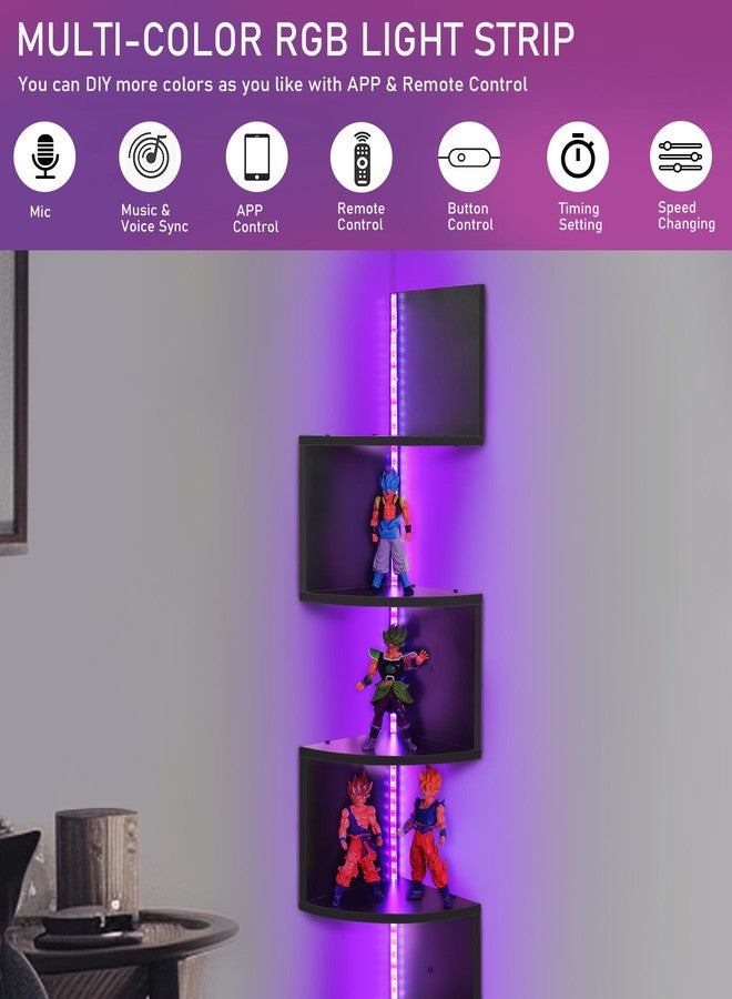 Outink 5 Tiers Corner Shelf with RGB LED Lights, 49.2" Wall Mount Floating Corner Display Shelf for Living Room Bedroom Home Office Decor, APP & Remote Control (Black) - Image 4