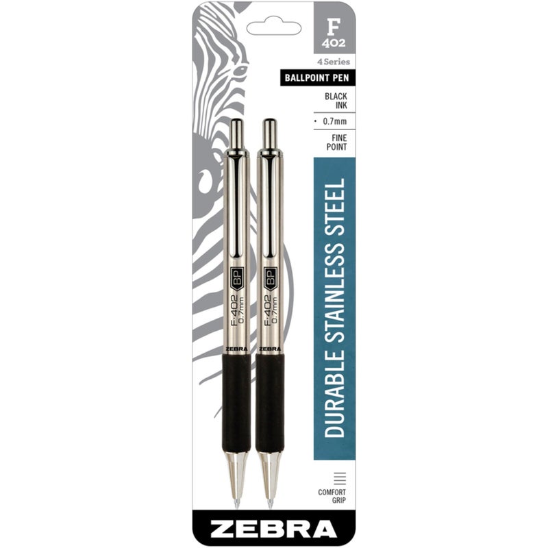 Zebra Pen F-402 Retractable Ballpoint Pen, Stainless Steel Barrel, Fine Point, 0.7mm, Black Ink, 2-Pack - Image 3
