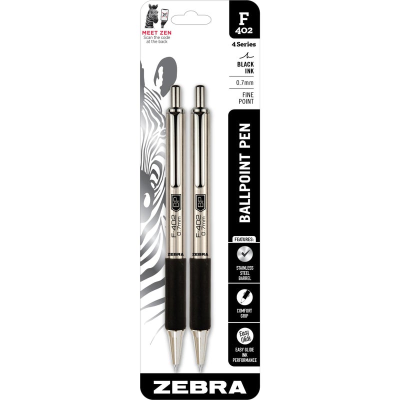 Zebra Pen F-402 Retractable Ballpoint Pen, Stainless Steel Barrel, Fine Point, 0.7mm, Black Ink, 2-Pack - Image 1