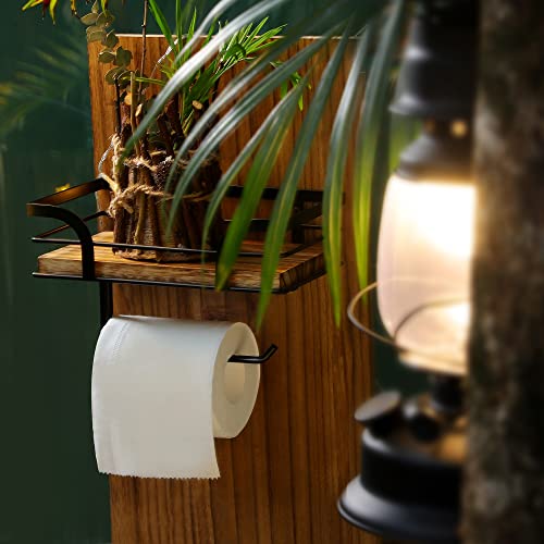 AIDILI Rustic Farmhouse Toilet Paper Holder with Shelf - Farmhouse Bathroom Rustic Country Decor - Rustic Bathroom Accessories with Warm Brown Wood Shelf for Wipes&Cell Phone&Reading, Black Metal - Image 2