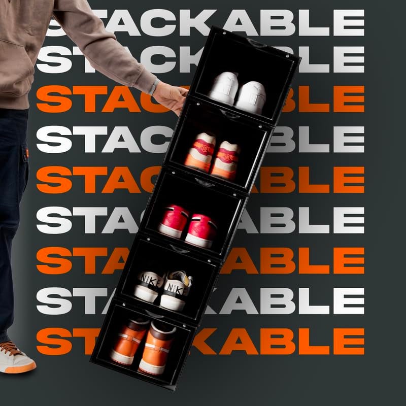 SNEAKARE Plastic Shoe Storage Organizer Set Of 5 Black HeavyDuty Sneaker Box Stackable Storage Box With Magnetic Closure Easy Installation Foldable Storage Box Large Fits Size Uk14 - Image 2