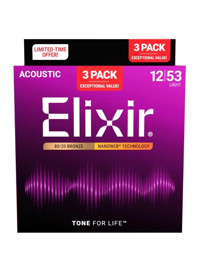 Elixir Acoustic 80/20 Bronze Guitar Strings with NANOWEB® Technology - Light 12-53 - 3 Pack - Image 1